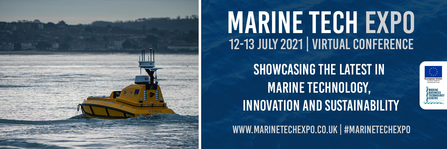 yellow boat on sea on left side of picture, on right side, text with information about the marine tech expo 2021